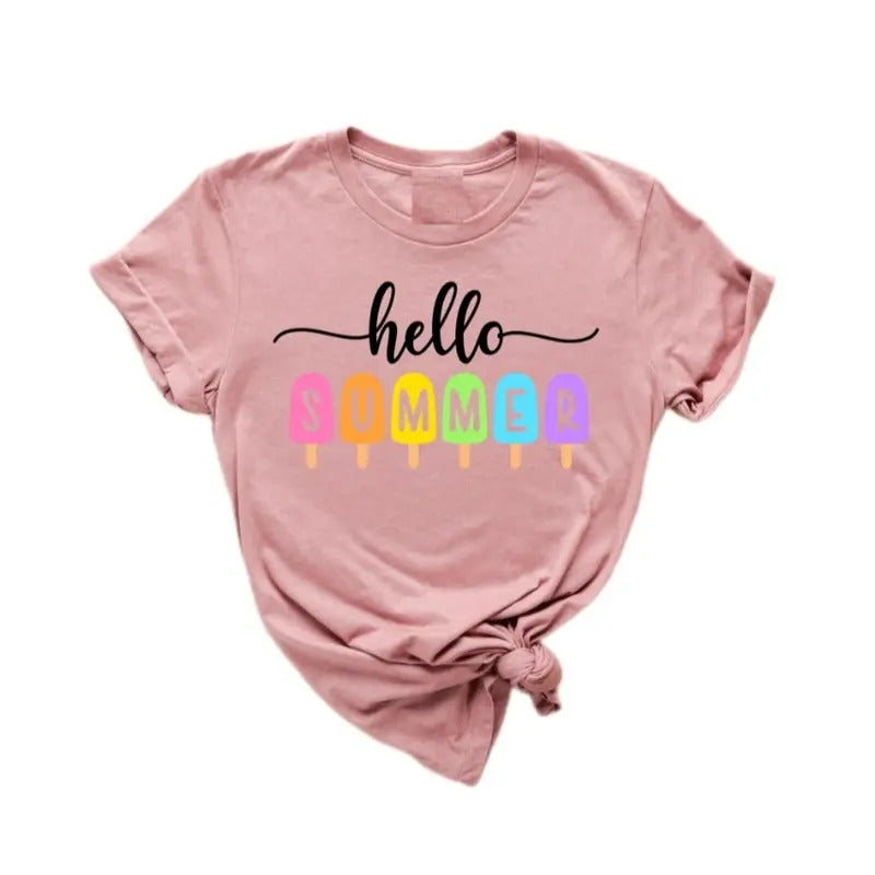 Hello Summer Shirt, Popsicle Written Summer Welcome Outfit, Holiday Summer Shirt, Family Vacation Apparel, Gift For Traveler, Unisex T-Shirt, Gifts For Him Her, Short Sleeve Tee Shirt