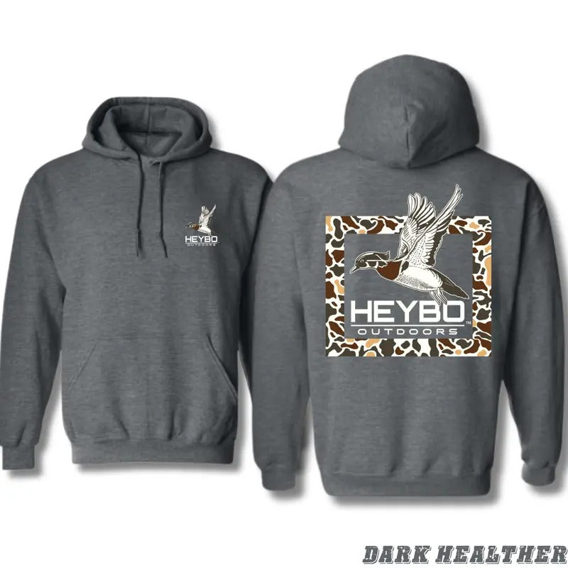 Heybo Outdoors Hoodie - Flying Duck with Camo Border Graphic, Unisex Classic Fit for Men and Women - Menswear, Sweaters Womenswear Sweatshirts Tops Comfort