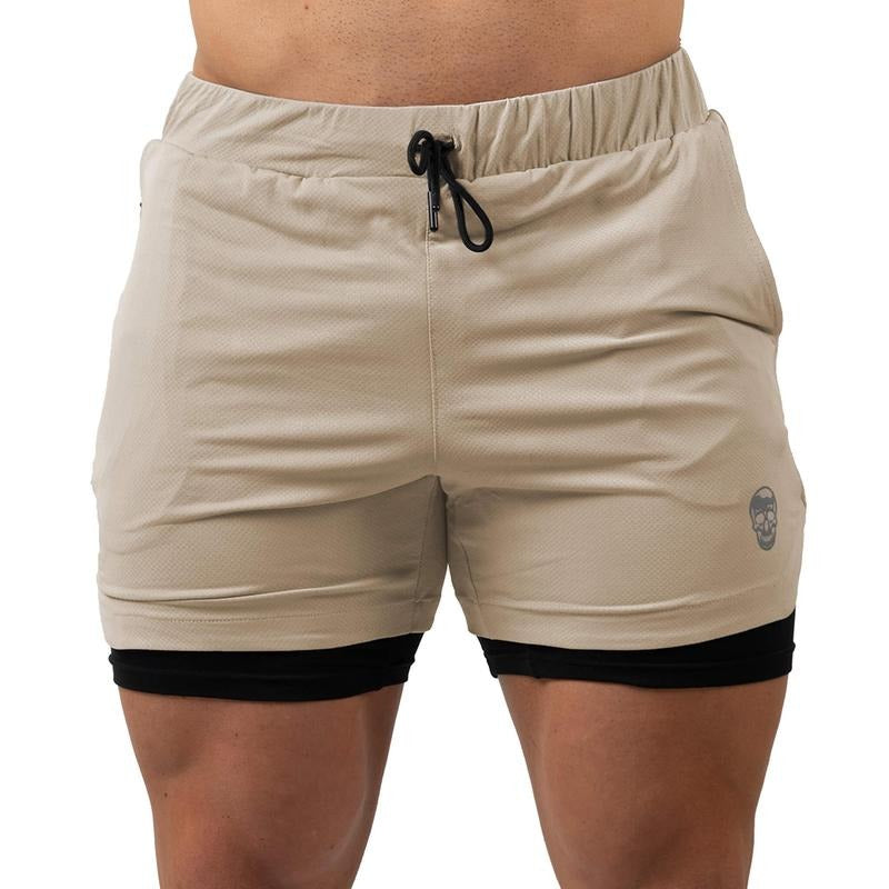 High-Quality Mesh Sports Shorts with Breathable Liner and Hidden Pocket for Phone - Tan