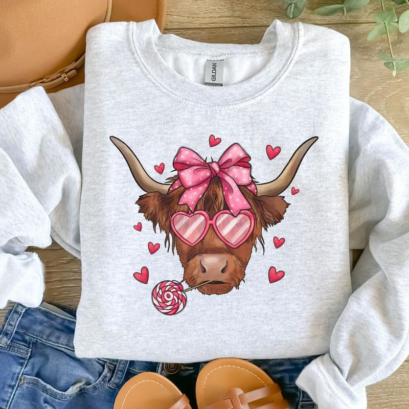 Highland Cow Valentine's Day Sweatshirt - Ash Grey - Sublimation