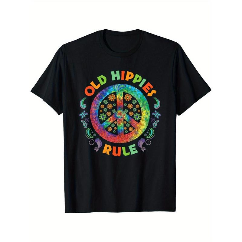 Hippie Peace Sign Applique Knit Cotton T-Shirt - Crew Neck Sports Top for Adults & Couples, Regular Fit, Four Seasons Universal, Geometric Pattern, Slight Stretch Fabric for Party, Casual & Athletic Occasions Made in USA