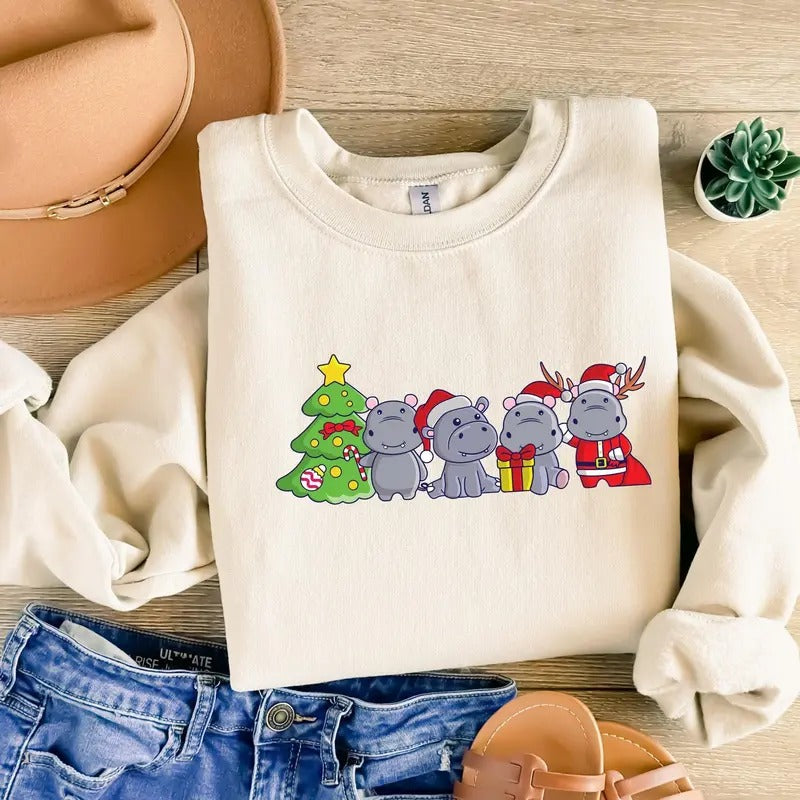 Hippopotamus Christmas Sweatshirt, Retro Hippo Christmas Light Sweatshirt, Hippo Lover Xmas Shirt, Hippo Christmas Crewneck, Christmas Gifts