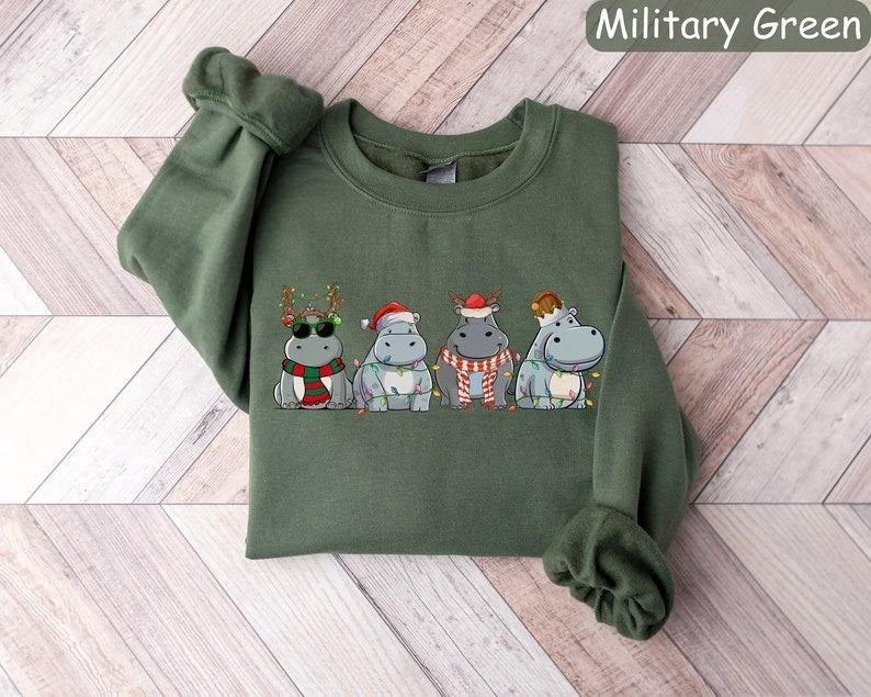 Hippopotamus Christmas Sweatshirt, Retro Hippo Christmas Shirt, Holiday Sweaters, Christmas Gift, Christmas Crewneck, Womens Christmas Shirt