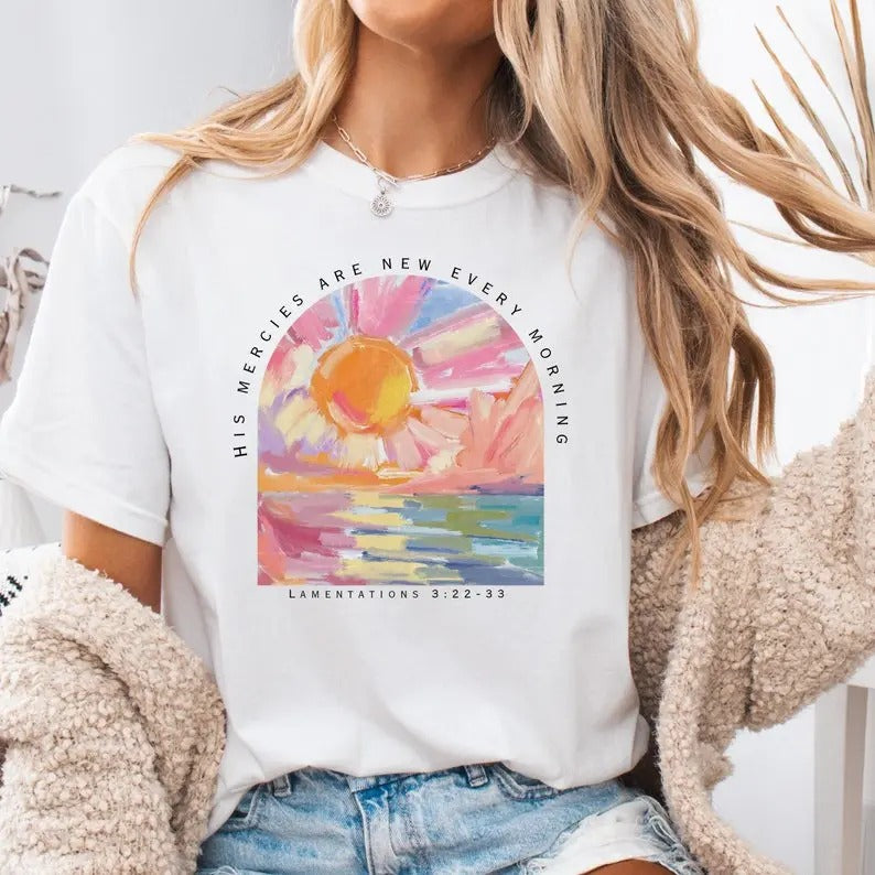 His Mercies Are New Religious Tshirt, Garment-Dyed T-shirt, Spiritual Shirt, Bible Verse Tee, Gift for Friends, Motivational Top Womenswear