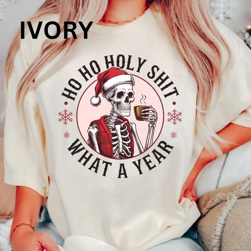 Ho Ho Holy Shit What a year Shirt, Comfort Colors christmas Shirt, Neon christmas Shirt, Retro fall Shirt, Cotton Fabric Womenswear Top Printed Oversized Women
