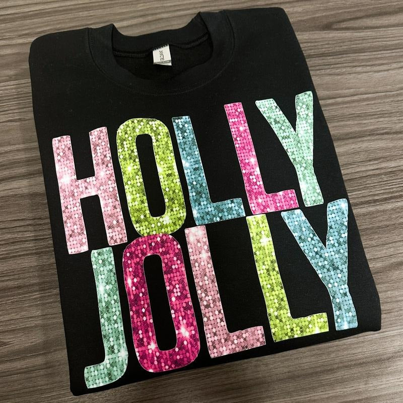 Holly Jolly FAKE Sequin Gildan Sweatshirt -- BLACK T-Shirts, Hoodie | WearSparks.com