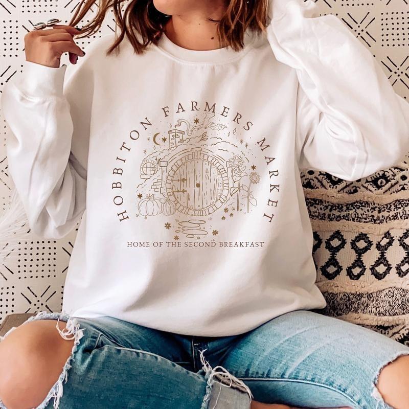 Home of the Second Breakfast Sweatshirt, Hobbiton Farmers Market Hoodie, Lotr Womenswear Sweater, Literary Crewneck Shirt, Bookish Gift