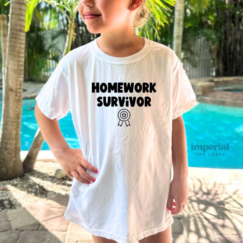 Homework Survivor Youth Sweatshirt and Kid's Comfort Colors T-Shirt, Funny School Crewneck, Cozy Kid's Sweatshirt Pullover, Relatable Student Apparel, Back to School Youth Sweatshirt
