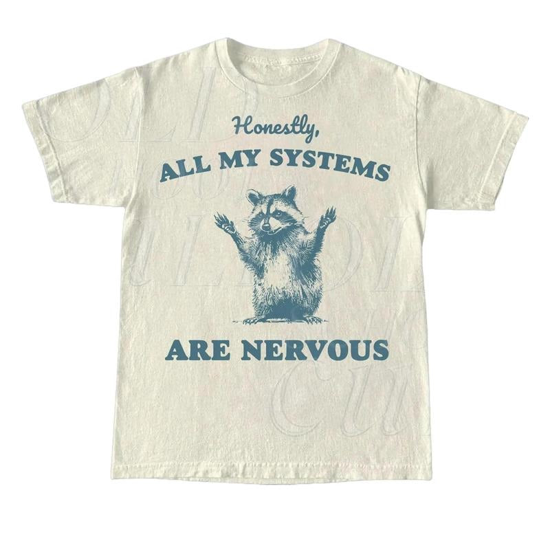 Honestly All My Systems Are Nervous Vintage T-Shirt, Retro 90s Raccoon Shirt, Oversized Trash Panda Tee, Funny Unisex Adult T Shirt Cotton Menswear