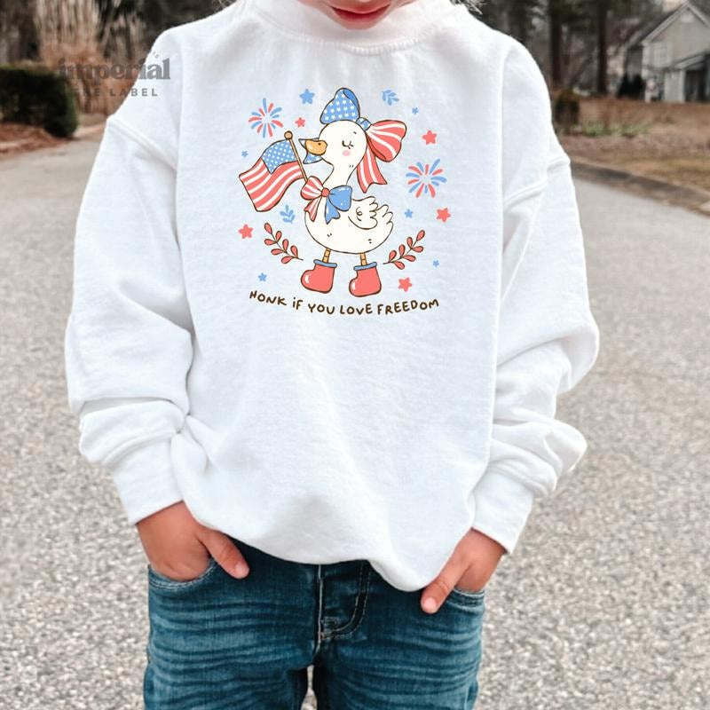 Honk If You Love Freedom Youth Sweatshirt and Kid's Comfort Colors T-Shirt, Patriotic Kids Pullover, Funny USA Crewneck, 4th of July Outfit, Freedom-Loving Kids Apparel, Youth Sweatshirt