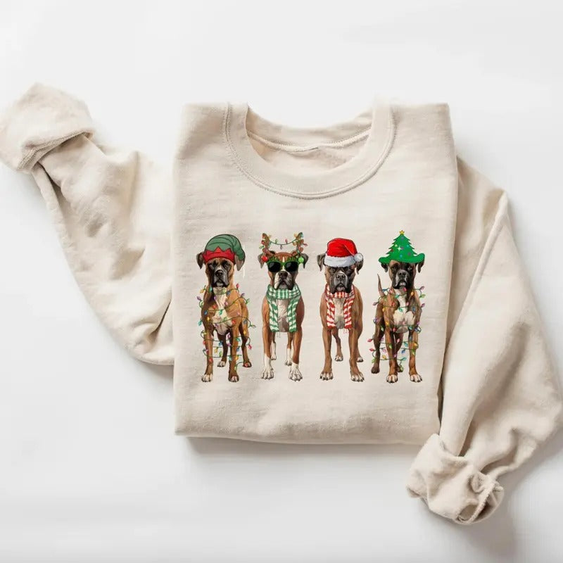 Vintage Christmas Boxer Dog Shirt/Sweatshirt/Hoodie, Retro Crewneck, Gift For Xmas, Cotton, Womenswear Tops