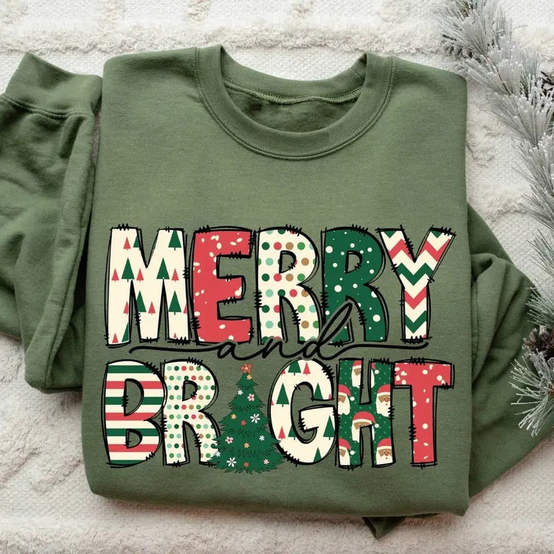 Merry and Bright Shirt/Sweatshirt/Hoodie, Retro Crewneck, Gift For Xmas, Cotton, Womenswear Tops