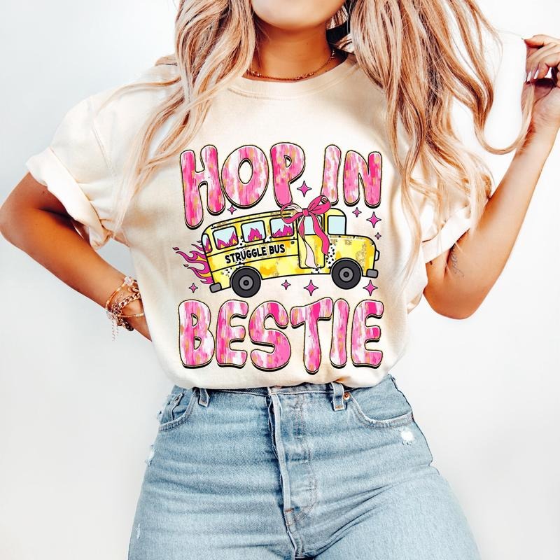 Hop in Bestie T-Shirt, Struggle Bus T-Shirt, Retro Mental Health T-Shirt, Pink Coquette T-Shirt, Trendy Sarcastic T-Shirt, Funny Anxiety T-Shirt, Girly T-Shirt