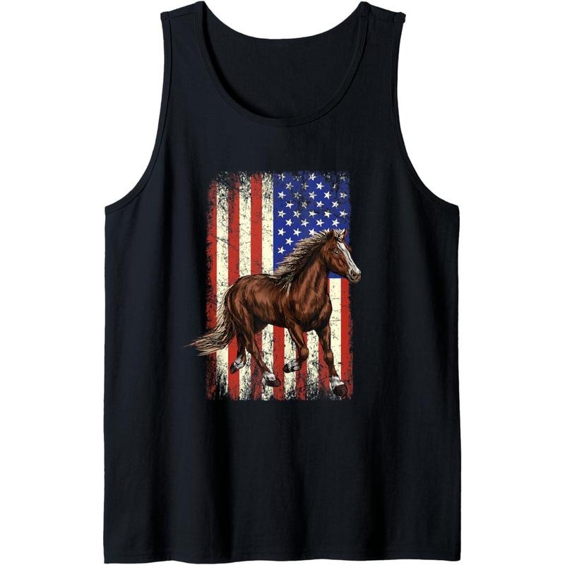 Horse In Front Of The American Flag Horse Riding 4th of July Tank Top made in USA