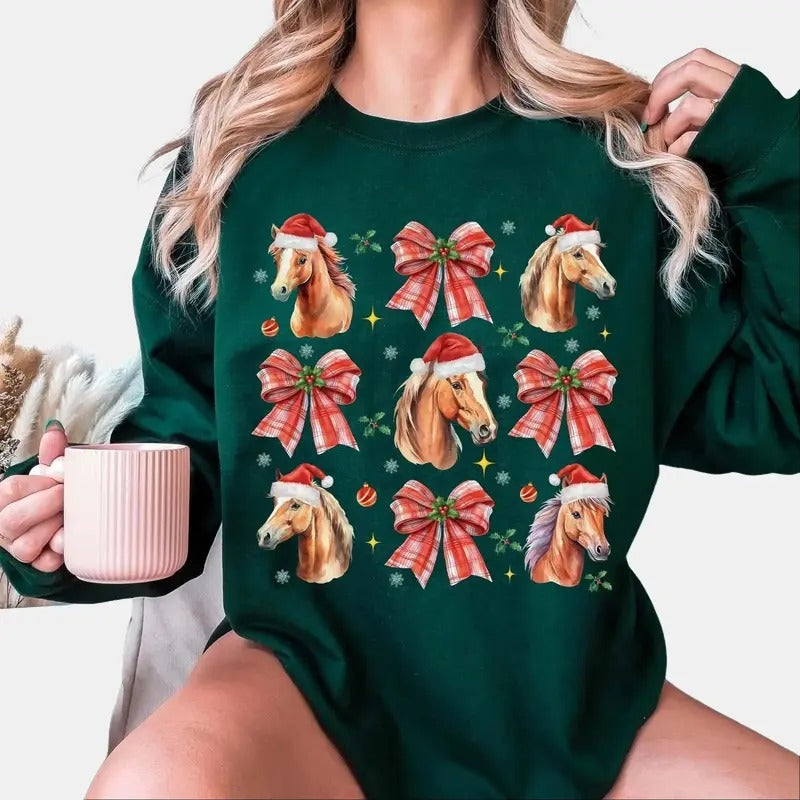 Horse Santa Christmas Sweatshirt, Coquette Bow T-Shirt, Horse Lover Christmas Gift, Farm Animal Holiday Sweater Cotton Crewneck