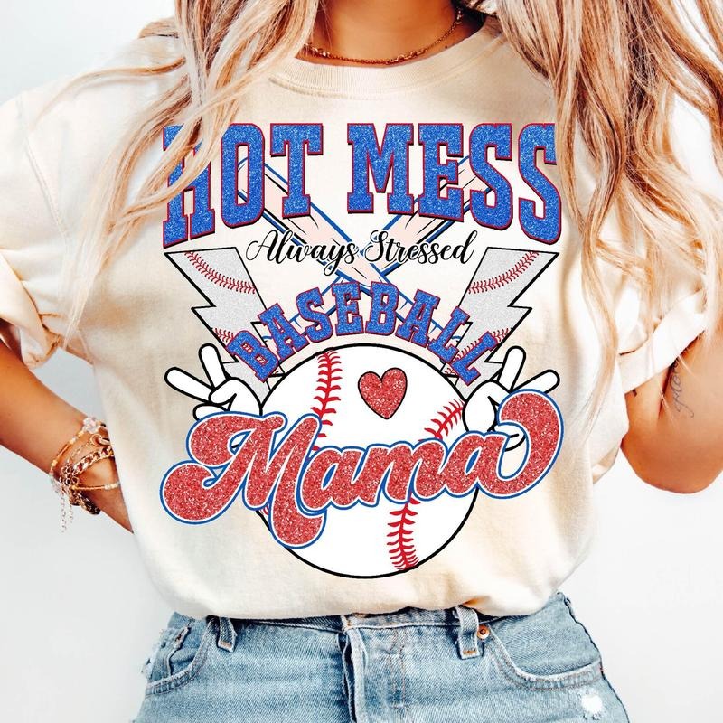 Hot Mess Always Stressed Baseball Mama T-Shirt, Sports Mom T-Shirt, Baseball Mom T-Shirt, Game Day Shirt, Baseball Coquette, Retro Baseball T-Shirt