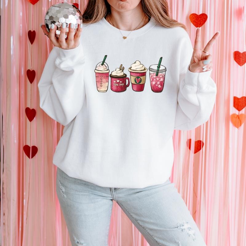 Hot Pink Coffee True Love Valentines Printed Sweatshirt, Hot Coffee Heart Sweatshirt, Valentines Comfort Colors T Shirt, Good Vibes Gift Sweatshirt Full Color Print