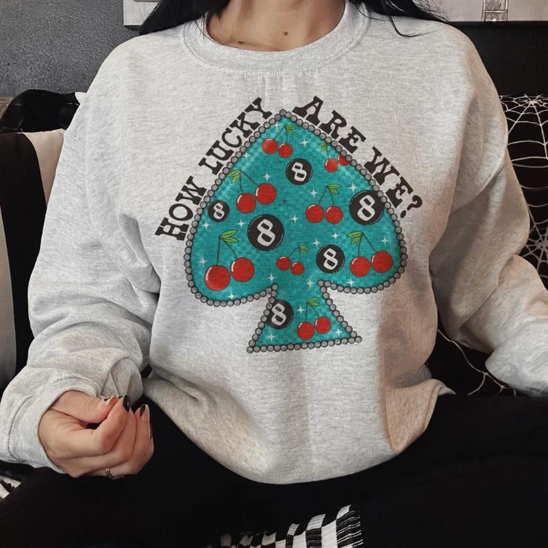 How Lucky Cherry 8 Ball Spade Sweatshirt, Crewneck Sweatshirt cowgirl outfits clothes, western clothing, western outfit women tops, country concert outfits shirt Sweatshirt hoodie