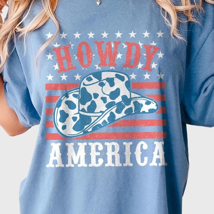 Howdy America Shirt, 4th Of July T-Shirt, Cowboy Style Patriotic Tee, Independence Day Celebration, USA Flag Design, Retro American Pride Shirt, Women's Casual Wear, Comfortable Summer Top, Western July 4th Outfit
