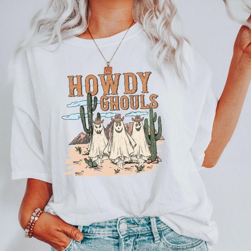 Howdy Ghouls Desert Shirt (COMFORT COLORS T-SHRIT, CAUSAL SHIRT UNISEX, HALLOWEEN CLOTHING, GRAPHIC APPAREL) Cotton Fabric