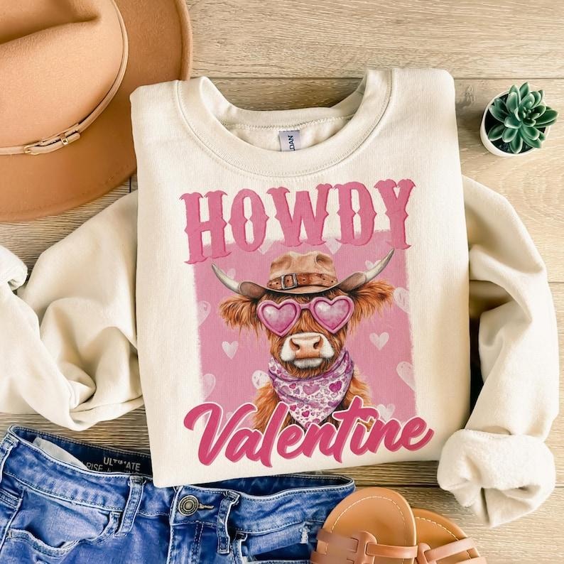 Howdy Valentine Highland cow Sweatshirt Valentines , gift valentines, Western T-Shirts, Hoodie | WearSparks.com