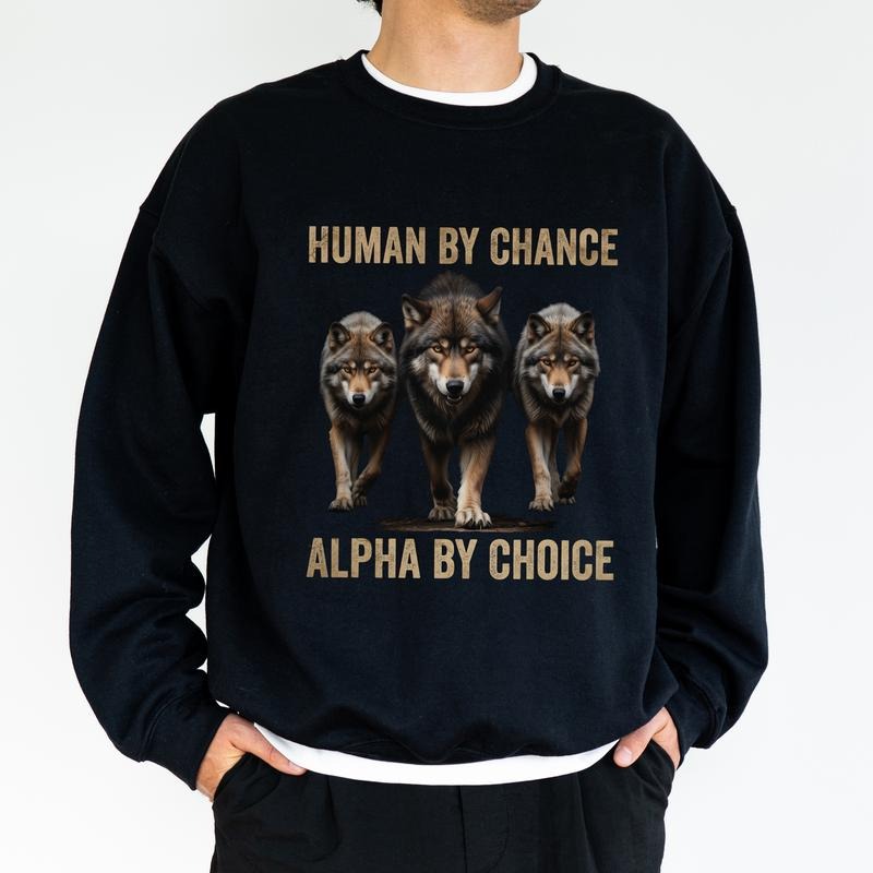Human By Chance Alpha By Choice Sweatshirt, Vintage Inspirational Crewneck For Dad, Wolves Vintage 90s Long Sleeved Pullover, Sweater For Husband