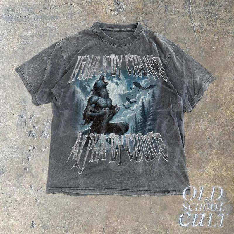 Human By Chance Alpha By Choice Wolf Shirt, Vintage 90s Style Werewolf Shirt, Wolf Emo Meme Shirts, Mental Health Shirt, Wolf Sigma, Goth