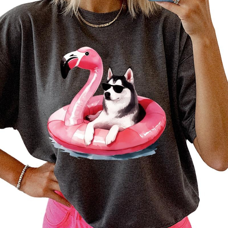 Husky Flamingo Float Dog Shirt ~ Unisex Apparel Relaxed Fit Printed In The USA Clothing Womenswear Casual Comfort Cotton Top Athletic Boho Chic