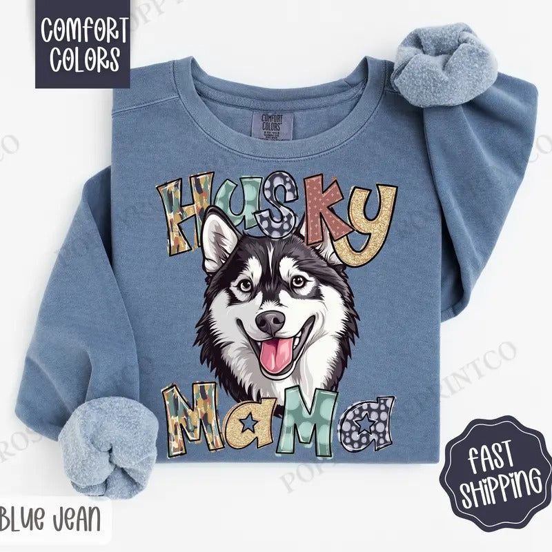 Husky Mama Comfort Colors Sweatshirt, Mama Women's Crewneck, Cute Dog Mom Women's Sweater