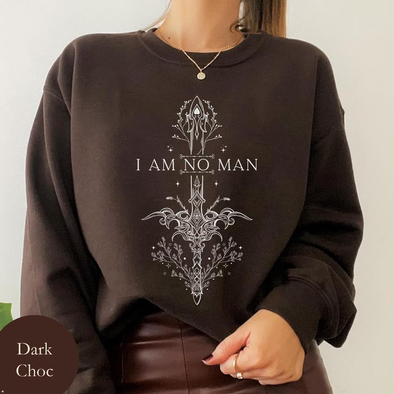 I Am No Man Eowyn LOTR Reading Fandom Sweatshirt, Fantasy Reader Booklover Hoodie, Mystical Feminist Quote Lord of The Rings Tolkien Book Worm Unisex Soft Comfort Crewneck Pullover Long Sleeves Graphic Fabric Sweater