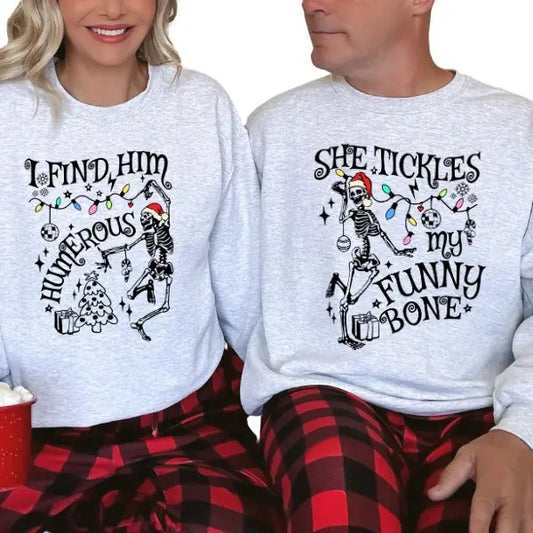 'I Find Him Humerous' & 'She Tickles My Funny Bone' Cozy & Festive Matching His & Her Christmas Sweatshirts & Red Flannel Pajama Pants | Mix & Match