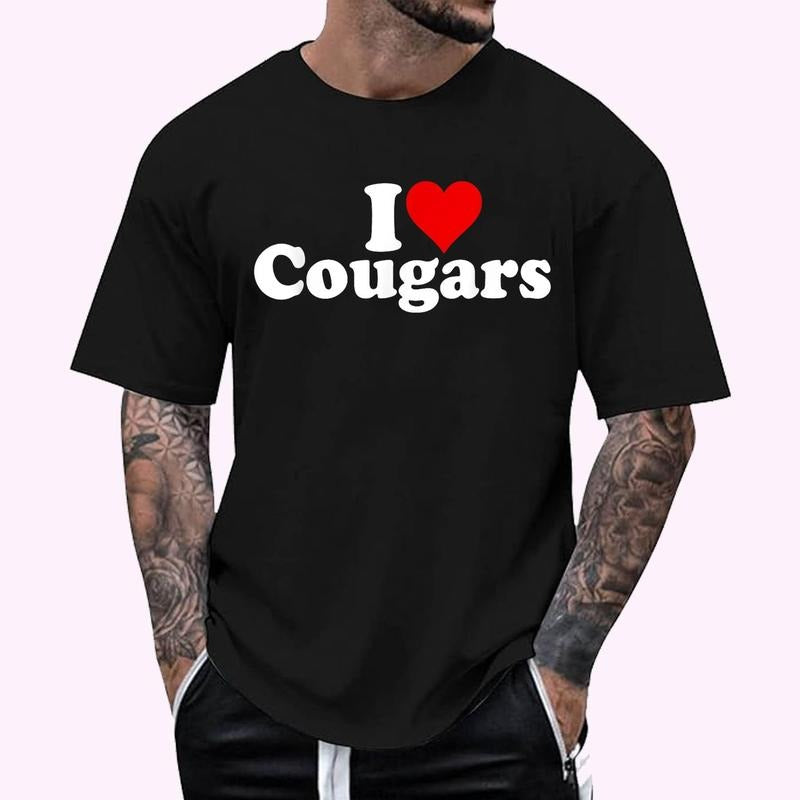 I Heart My Cougar T-Shirt - Men's Regular Fit Letter Graphic Round Neck Tee, Casual Short Sleeve, Crew Neck Shirt for Summer, Fashion Men's Top for daily Wear, Graphic Tees