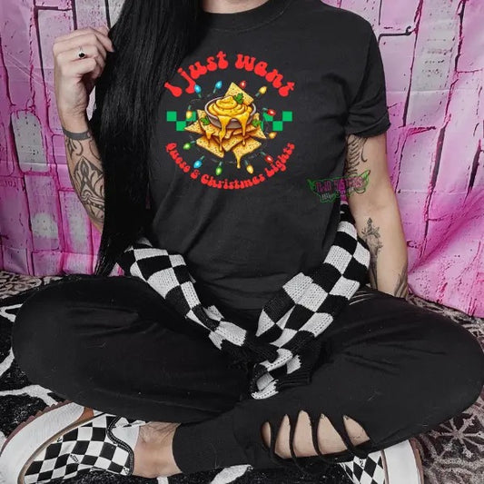 "I Just Want Queso & Christmas Lights" Crewneck Sweatshirt, T Shirt, or Hoodie Aesthetic Pullover | Alt Style, Unisex Fit, Grunge, Goth, Retro Casual Cotton