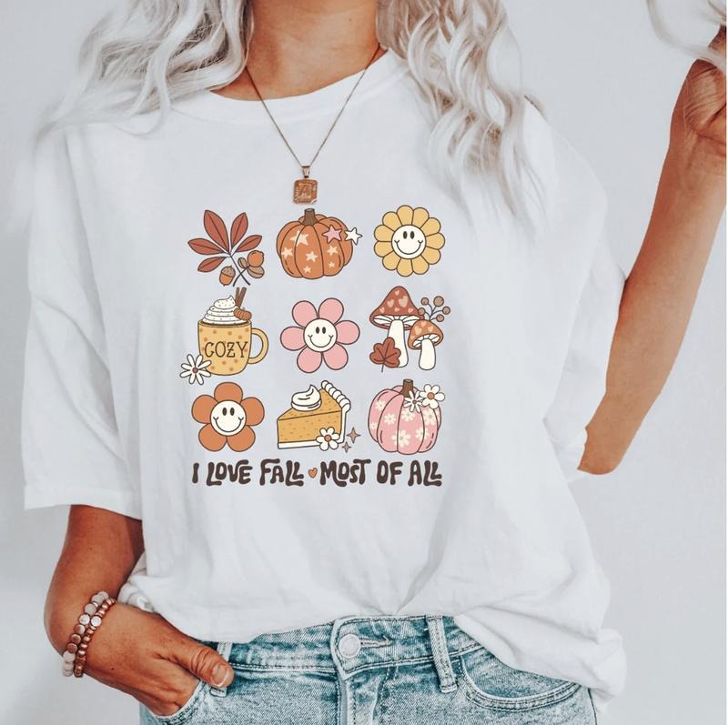 I LOVE FALL MOST OF ALL (COMFORT COLORS T-SHIRT, CAUSAL SHIRT UNISEX, FALL CLOTHING, GRAPHIC APPAREL) Cotton Fabric