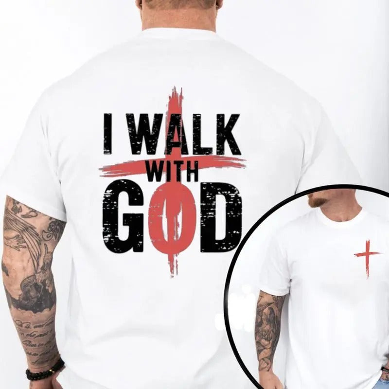 I Walk With God Graphic Tshirt, Pure Cotton Casual Street Style Crew Neck Short Sleeve Shirt, Tops Trendy For Women For Men, Perfect Gift, Graphic Top
