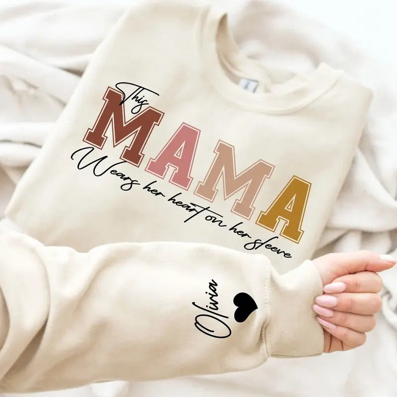 I Wear My Heart On My Sleeve Mothers Day Sweatshirt, Custom Mama Sweatshirt With Kids Name on Sleeve, Mother Day Gift for Mom, Grandma Gift Womenswear Hoodie