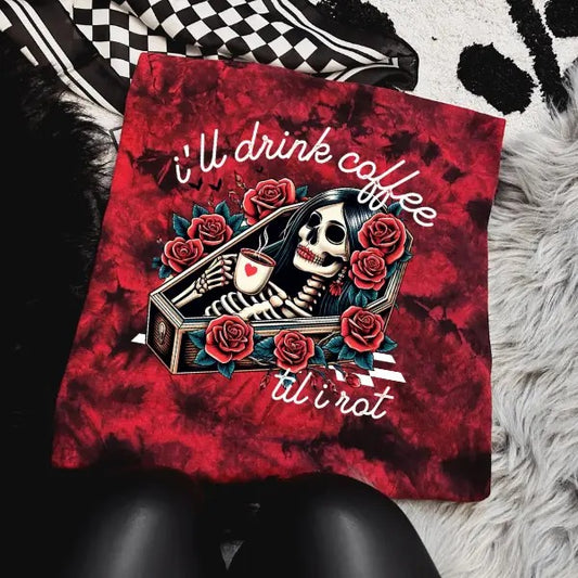 'I'll Drink Coffee Til I Rot' Red & Black Tie Dye Crewneck tsHIRT , Alt, Grunge, Streetwear, Sarcastic, Punk, Cotton, Casual, Comfort Menswear Top