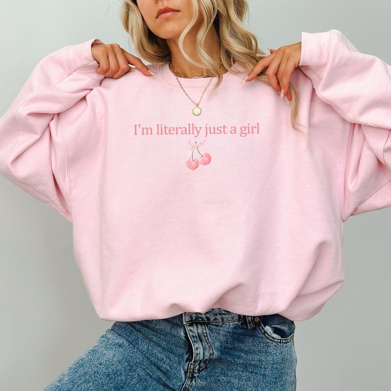 I'm Literally Just A Girl Sweatshirt, Girly Coquette Bow Cherry Crewneck, Cute Sweater For Girls, Pink Coquette Bow Sweatshirt For Women, I'm Just A Girl Crewneck, Cherry Lover Gift, Comfy Long Sleeve Pullover, Casual Womenswear, Oversized Women's Tops