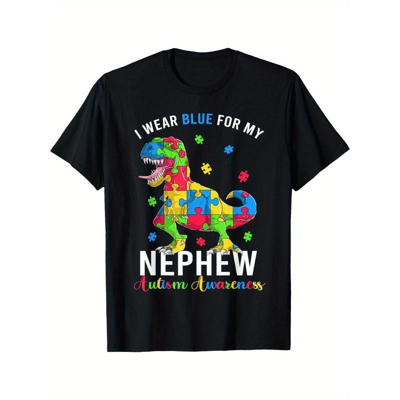 I'm wearing blue for my nephew who is a fun, autistic dinosaur lover. This t-shirt is stylish, crew neck design, comfortable street style, a must-have fashion item. Made in USA