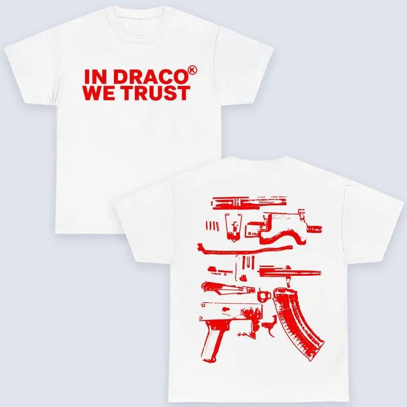 In Draco We Trust Double Sided Tee, White Color and Graphic T-Shirt, Womenswear Top Casual Summer