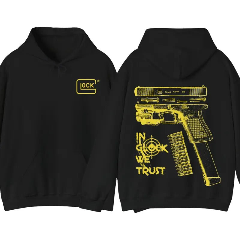 In GLock We Trust Hoodie - Full Design Graphic Black Hoodie - Streetwear for Men's & Women's Fit Long Sleeve Hoodie