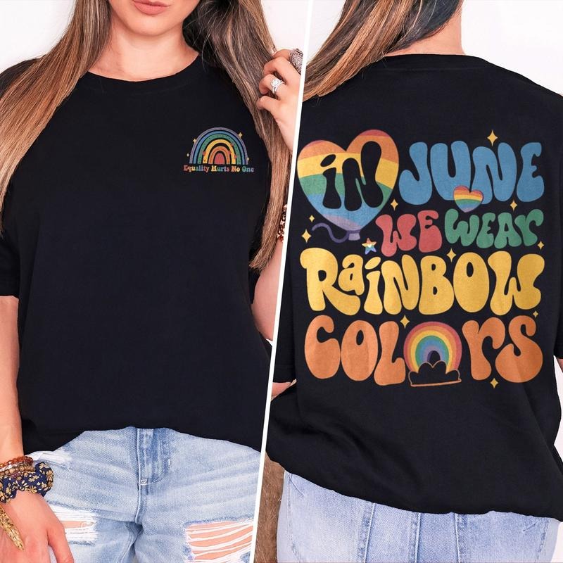 In June We Wear Rainbow Colors Shirt Retro Lgbt Shirt Lesbian Shirt Lgbtq Awareness Bisexual Shirt Pride Month Shirt Groovy Lgbt Gift TK43GN