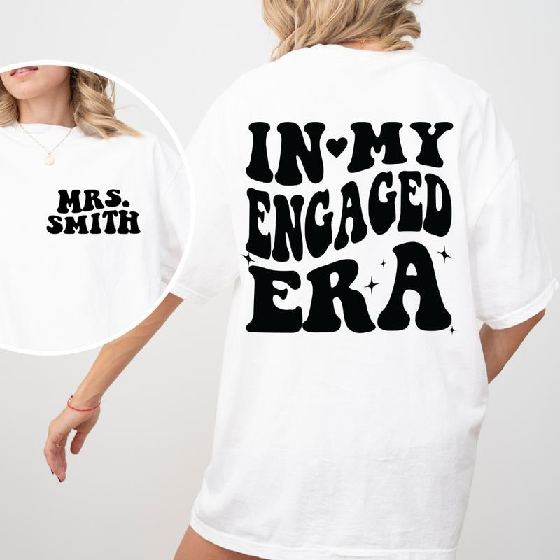 In My Engaged Era Shirt, Custom Wifey Shirt, Trendy Comfort Colors Pocket Shirt, Wedding Gifts, Bride Gifts, Bachelorette Shirt, Wife T-shirts Cotton Fabric Top Womenswear