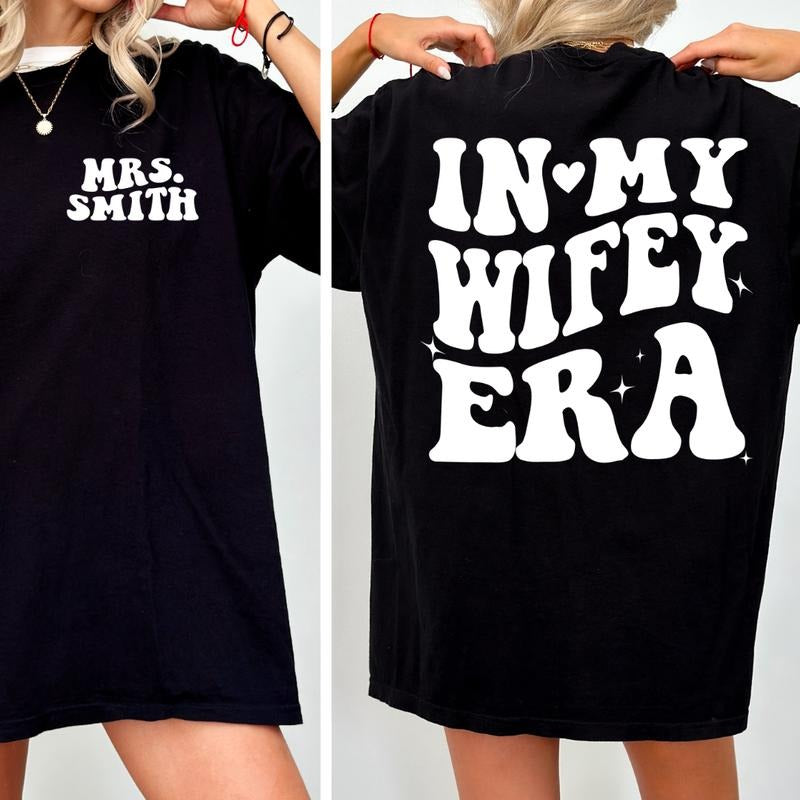 In My Wifey Era Shirt, Custom Wifey Shirt, Trendy Comfort Colors Pocket Shirt, Wedding Gifts, Bride Gifts, Bachelorette Shirt, Wife T-shirts Cotton Fabric Top Womenswear