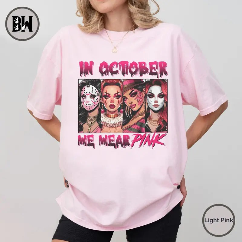 In October We Wear Pink Shirt, Comfort Color Shirt, Halloween Movie Shirt, Halloween Shirt, Pink Halloween Characters, Pink Ribbon, Breast Cancer Awareness