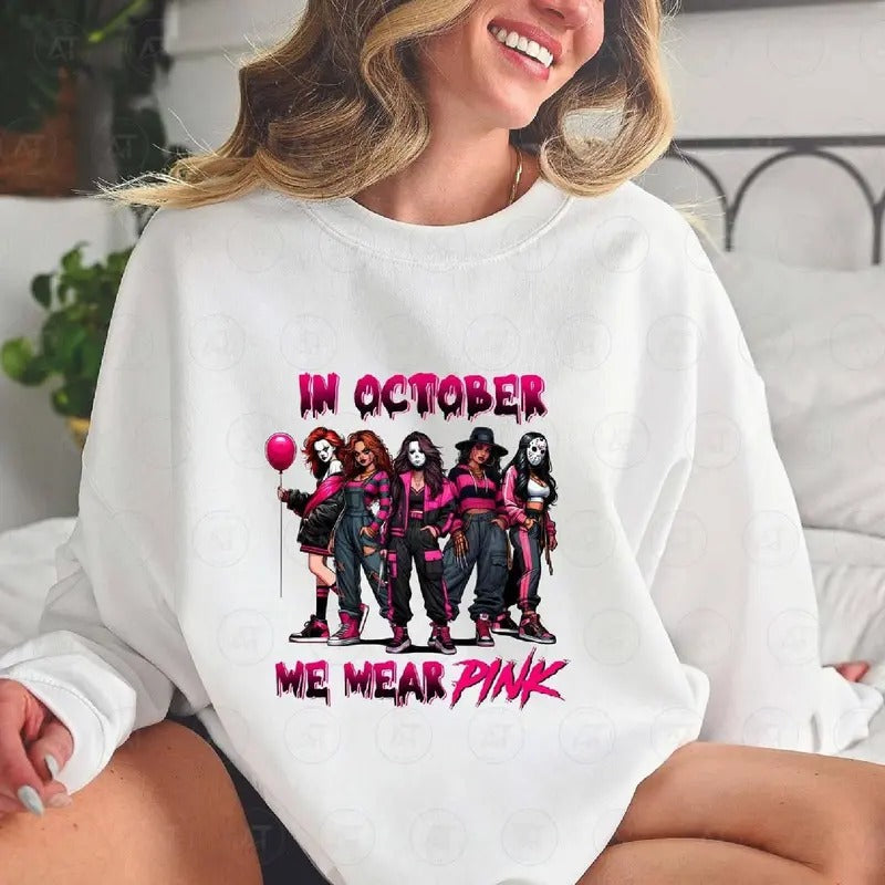 In October We Wear Pink Shirt, Halloween Characters Breast Cancer Awareness Breast Cancer Month Halloween Funny Halloween Characters Shirt