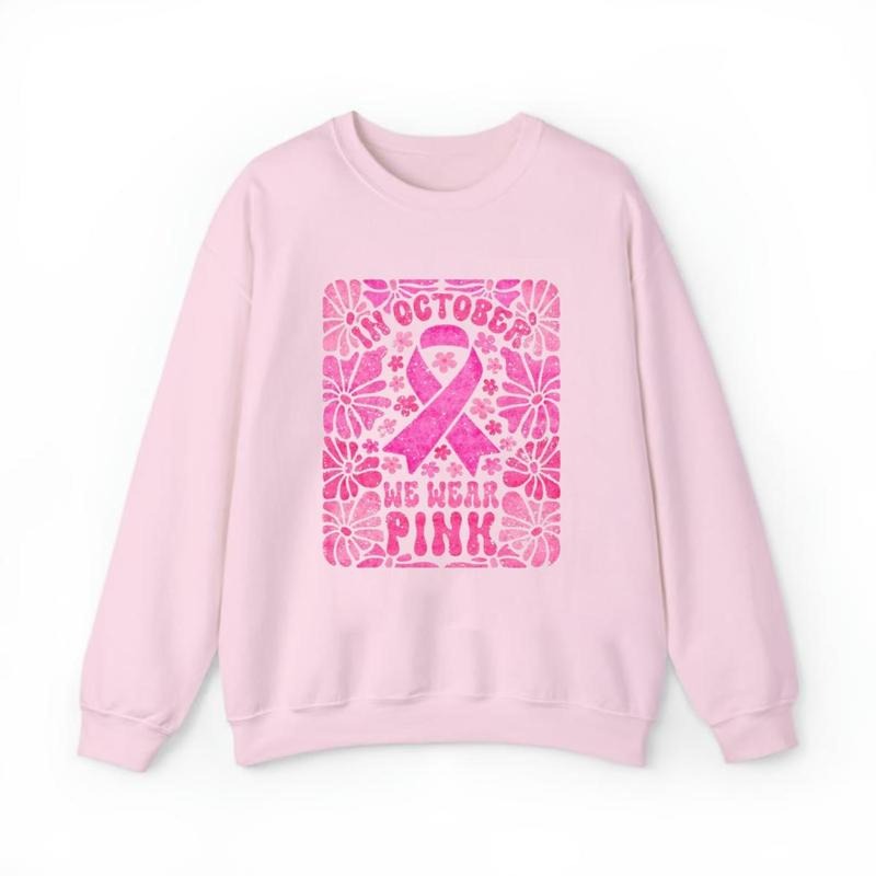In October we wear pink Sweatshirt, breast cancer, cure, fall, autumn, boho flowers, trendy, preppy