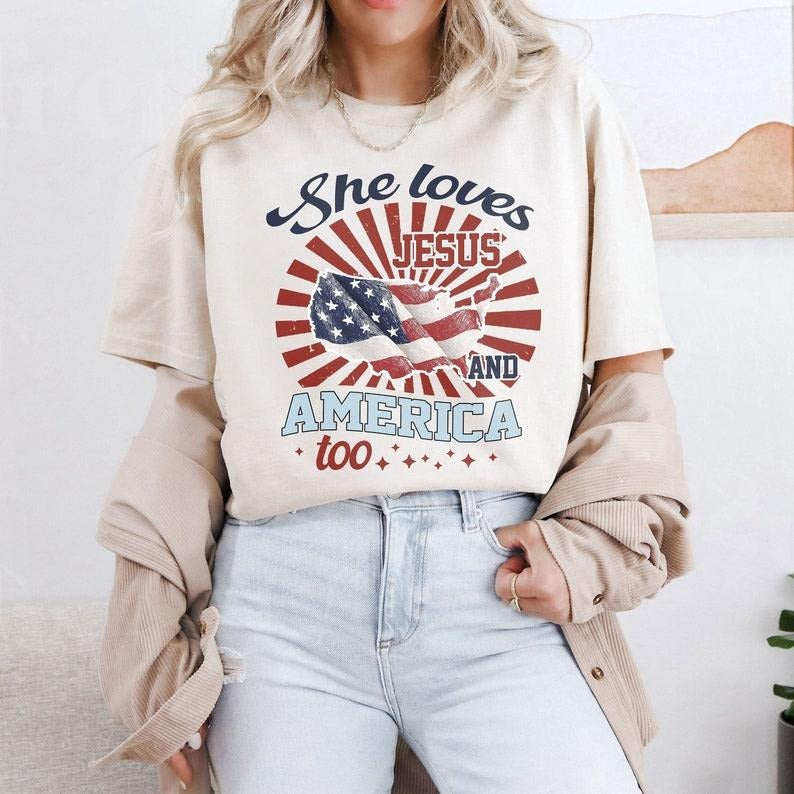 Independence Day Shirt, 4th of July Christian Shirt, She Loves Jesus And America Too Shirt, America Retro Shirt, Usa Shirt, USA Flag T-shirt, sweater and Hoodie