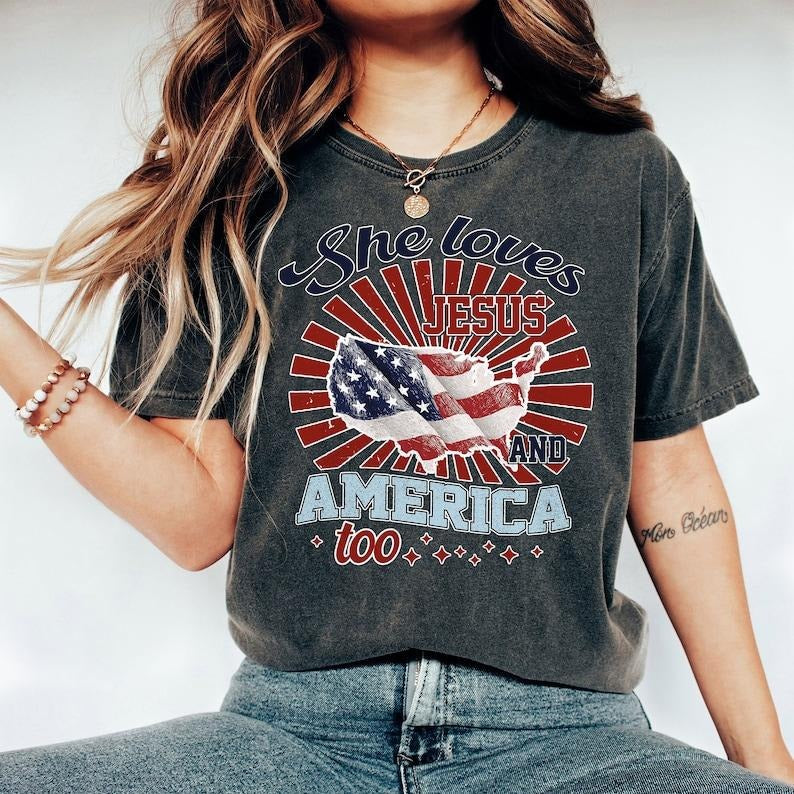 Independence Day Shirt, 4th of July Christian sweatShirt, She Loves Jesus And America Too Shirt, America Retro Shirt, Usa Shirt, USA Flag Hoodie, T-shirt and sweater