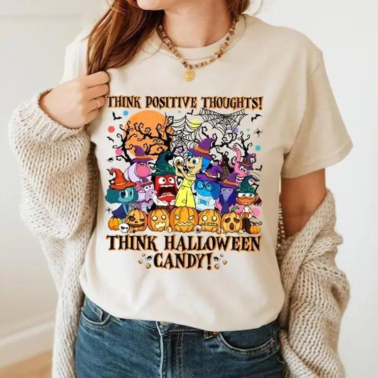 Inside Out Halloween Youth Shirt, Think Positive Thoughts Think Halloween Candy Inside Out Halloween Youth Shirt, Inside Out Movie 2024 Trick Or Treat Joy Anxiety